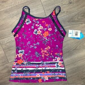 NWT Colorful Floral Purple Swim Suit Tankini Top Shirt Stretch Women's Small